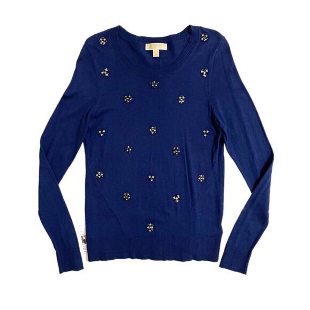 Michael Kors Navy Blue Sweater Rhinestone Long Sleeves Pullover M New